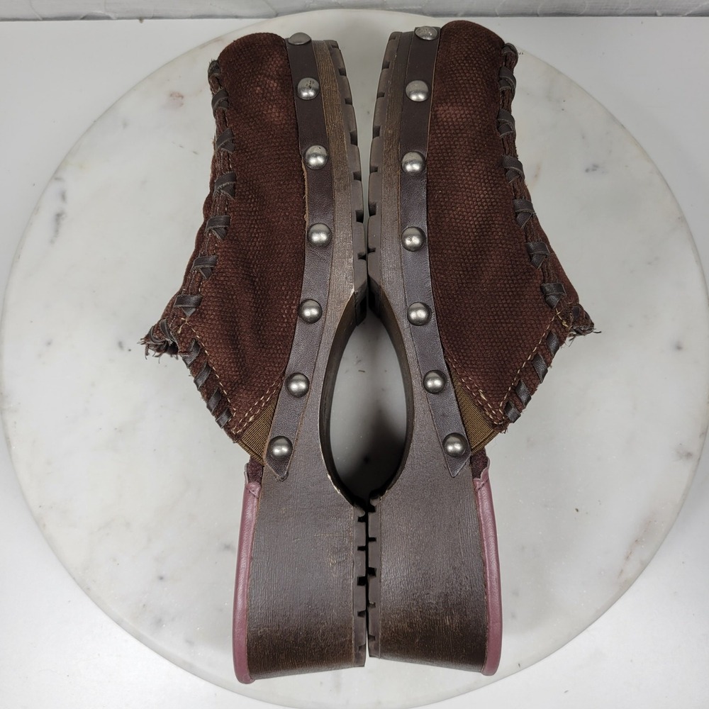 VTG Mudd Embroidered Mules Womens 9 Brown Floral Rivets Wooden Platform Y2K - Picture 5 of 14